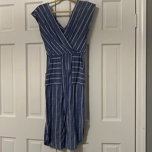Small blue and white striped mid calf length dress